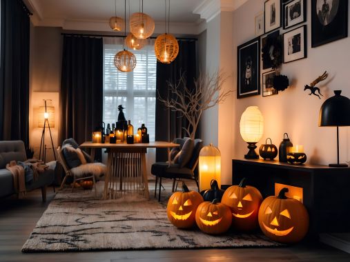 halloween-party-living-room-decorations-with-lanterns-pumpkins-jackolantern